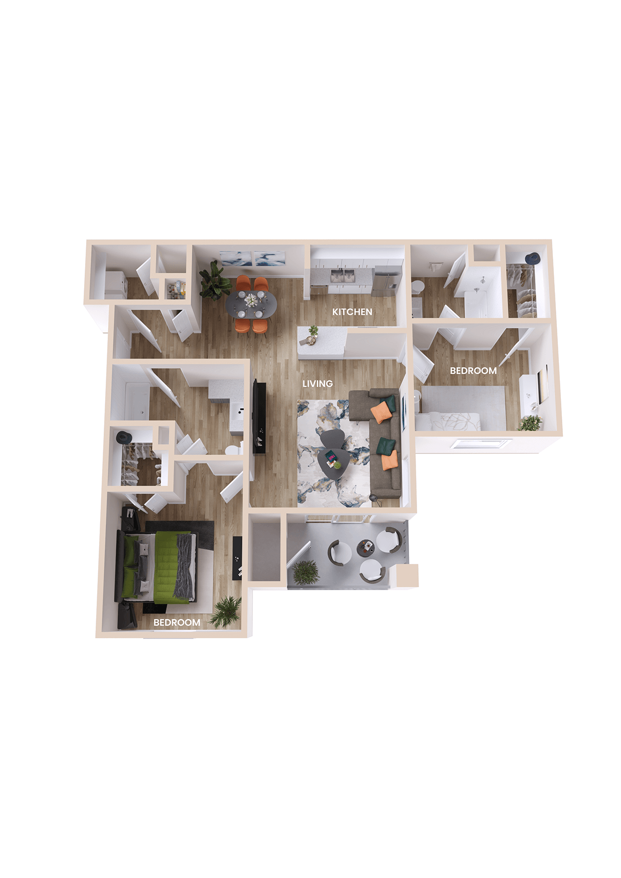 Floor plan for 2 beds, 2 baths, 1002 sqft